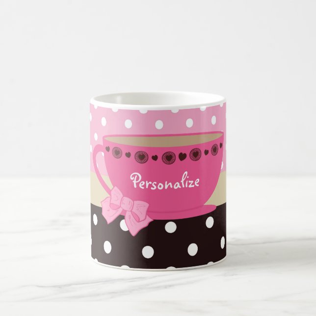 Girly Teacup Pink and Brown Polka Dot Bow and Name Coffee Mug (Center)