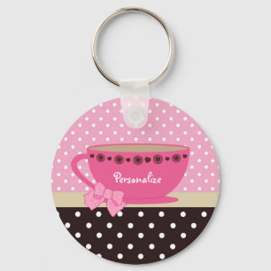 Girly Teacup Pink and Brown Polka Dot Bow and Name Key Ring