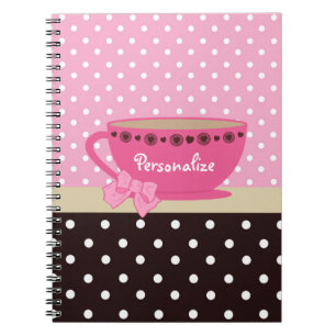 Girly Teacup Pink and Brown Polka Dot Bow and Name Notebook