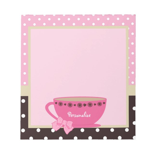 Girly Teacup Pink and Brown Polka Dot Bow and Name Notepad (Front)