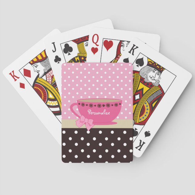 Girly Teacup Pink and Brown Polka Dot Bow and Name Playing Cards (Back)