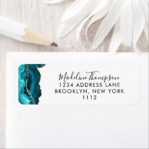 Girly Teal  Agate Geode Script Typography Address Return Address Label