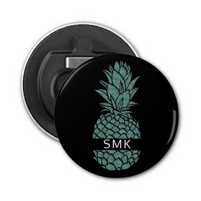 Girly Teal and Black Glitter Pineapple Monogram Bottle Opener (Front)