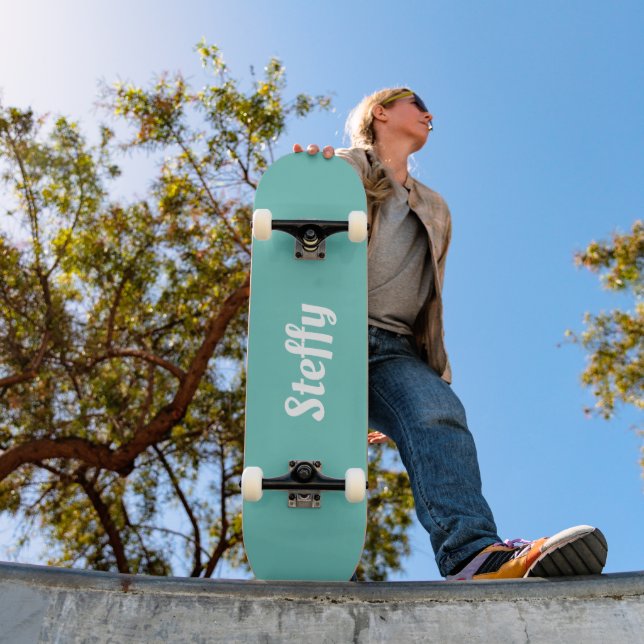 Girly teal and white personalised name skateboard (Outdoor 1)