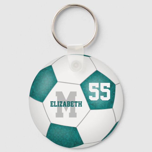 girly teal and white soccer ball key ring (Front)