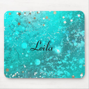 Girly Teal Aqua Blue Glitter Sparkle Monogram Name Mouse Pad