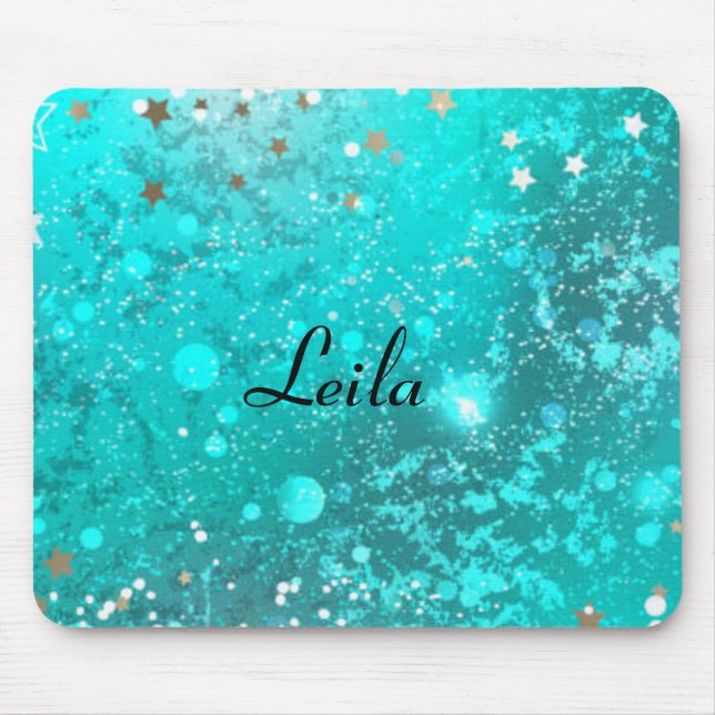 Girly Teal Aqua Blue Glitter Sparkle Monogram Name Mouse Pad (Front)