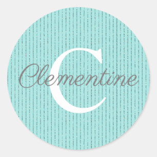 Girly Teal Aqua Blue Glitter Stripes Monogram Classic Round Sticker