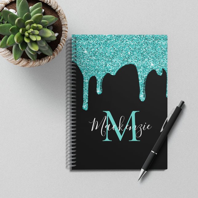 Girly Teal Aqua Sparkle Glitter Drips Monogram Notebook (Creator Uploaded)