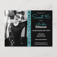 Girly Teal/Black Leopard Photo Sweet 16 Invitation
