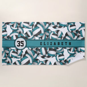 Girly teal black volleyballs pattern personalised beach towel