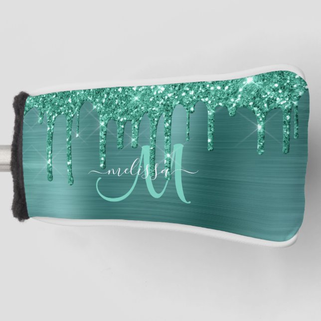 Girly Teal Brushed Metal Dripping Glitter Name Golf Head Cover (Front)