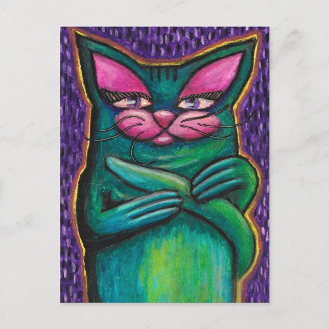 Girly Teal Cat in Oil Pastel on Purple Background Postcard (Front)