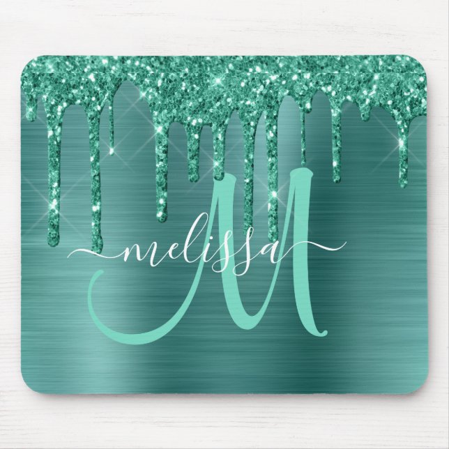 Girly Teal Dripping Glitter Brush Metal Monogram Mouse Pad (Front)