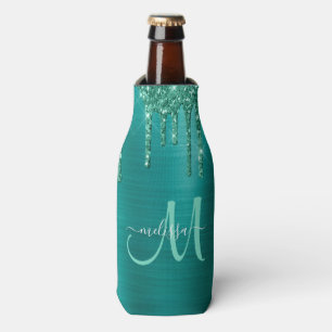 Girly Teal Dripping Glitter Brushed Metal Monogram Bottle Cooler