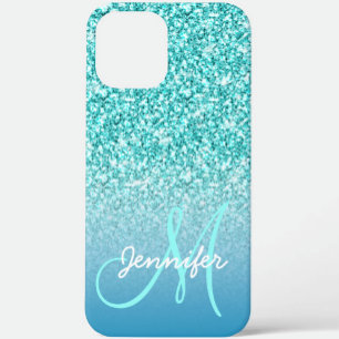 Girly Teal Faux Glitter Monogram Name Personalized iPhone 11 Case
