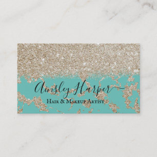Girly Teal Glamorous Gold Glitter Marble Gradient Business Card