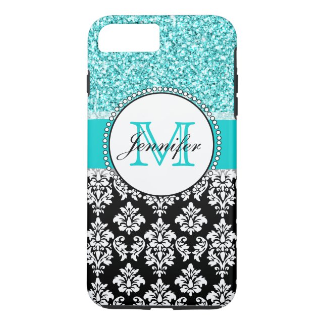 Girly, Teal, Glitter Black Damask Personalised Case-Mate iPhone Case (Back)