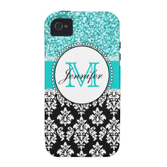 Girly, Teal, Glitter Black Damask Personalised Case-Mate iPhone Case (Back)