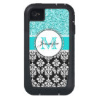 Girly, Teal, Glitter Black Damask Personalised