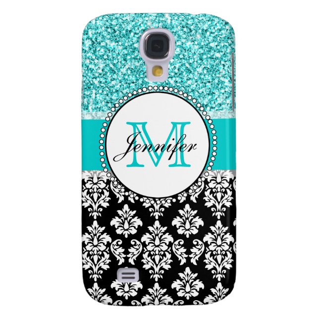 Girly, Teal, Glitter Black Damask Personalised Case-Mate Samsung Galaxy Case (Back)