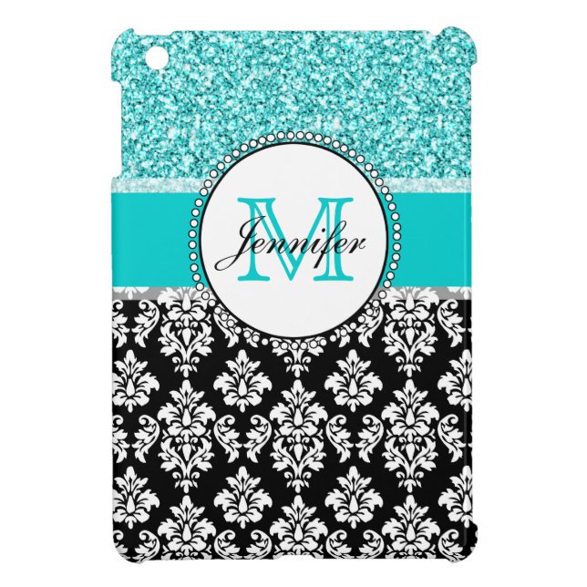 Girly, Teal, Glitter Black Damask Personalised iPad Mini Case (Back)