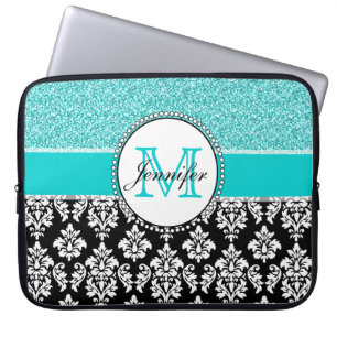 Girly, Teal, Glitter Black Damask Personalised Laptop Sleeve