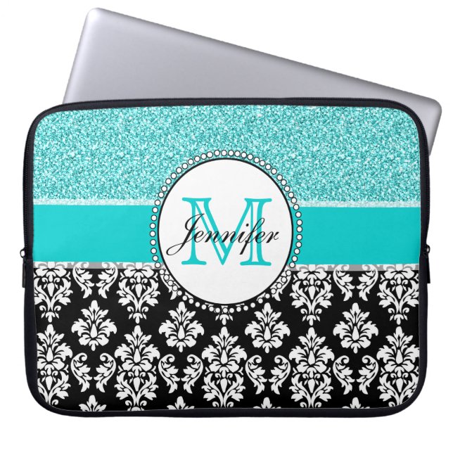 Girly, Teal, Glitter Black Damask Personalised Laptop Sleeve (Front)