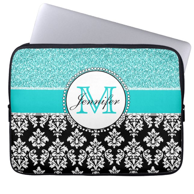 Girly, Teal, Glitter Black Damask Personalised Laptop Sleeve (Front)