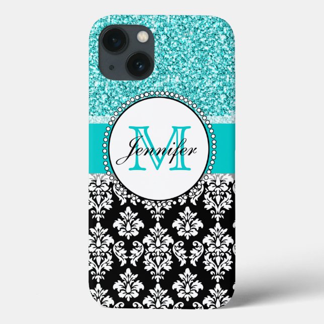 Girly, Teal, Glitter Black Damask Personalized Case-Mate iPhone Case (Back)