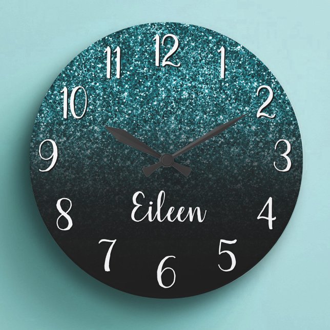 Girly Teal Glitter Black Ombre Large Clock (Girly Teal Glitter Black Ombre Large Clock)