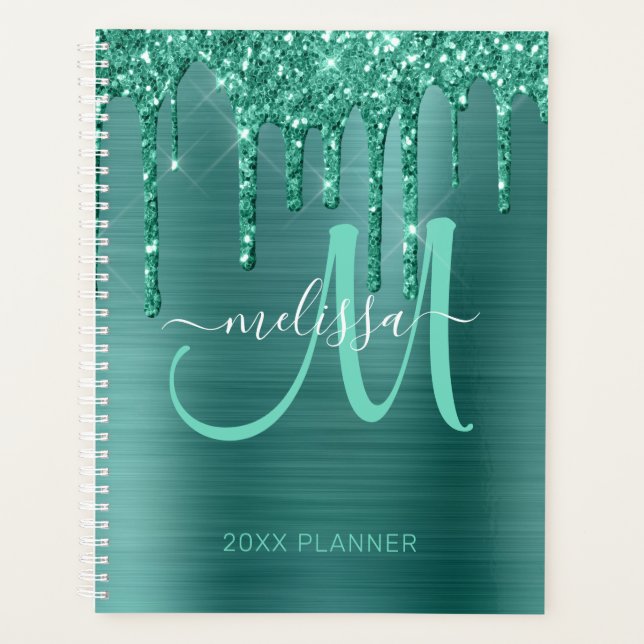 Girly Teal Glitter Brushed Metal 2024 Planner (Front)
