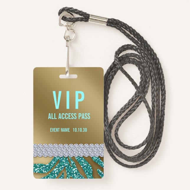 Girly Teal Glitter Female VIP Access Event ID Badge (Front with Lanyard)
