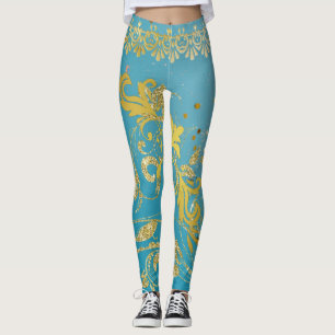 Girly Teal Glitter Gold Ombre Blue Leggings