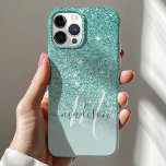 Girly Teal Glitter Monogram Name iPhone 12 Case<br><div class="desc">Girly Glitter Monogram Name Case. This design is accented with a faux glitter texture. Personalise this custom design with your own name and monogram initial.</div>