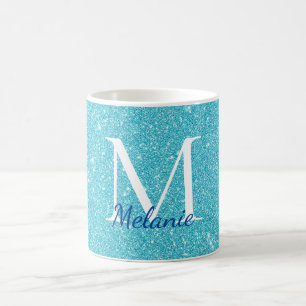 Girly Teal Glitter Monogram Name  Coffee Mug
