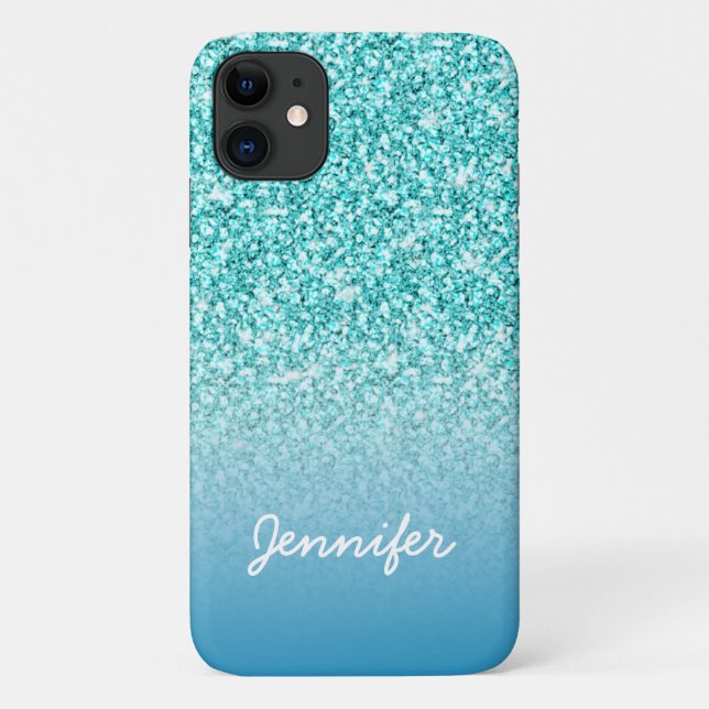 Girly Teal Glitter Monogram Name Personalised Case-Mate iPhone Case (Back)