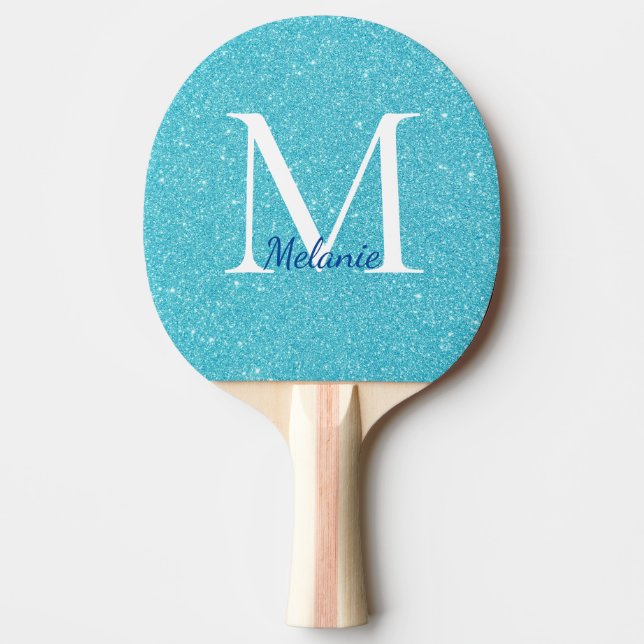 Girly Teal Glitter Monogram Name Ping Pong Paddle (Front)