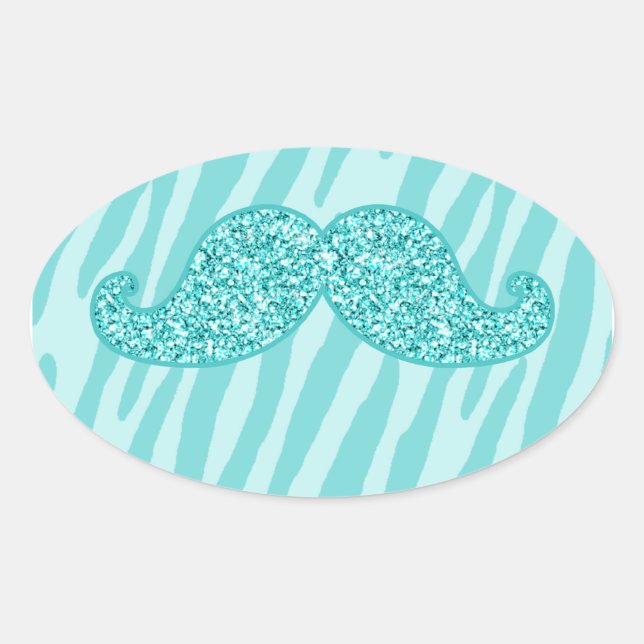 GIRLY TEAL GLITTER MUSTACHE ZEBRA STRIPES OVAL STICKER (Front)