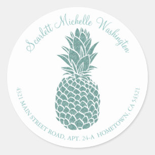 Girly Teal Glitter Pineapple Address Classic Round Sticker