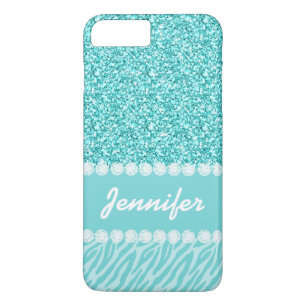 Girly, Teal Glitter, Zebra Stripes Personalised iPhone 8 Plus/7 Plus Case