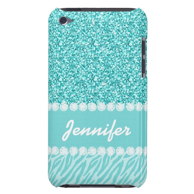 Girly, Teal Glitter, Zebra Stripes Personalised Case-Mate iPod Touch Case (Back)