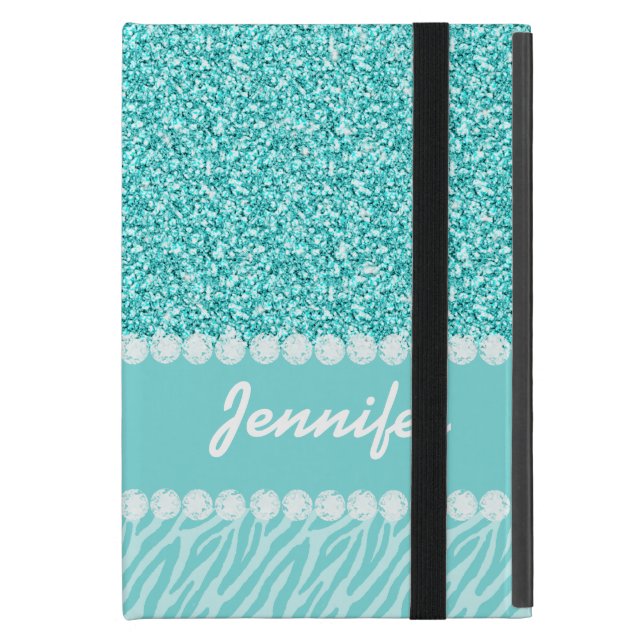 Girly, Teal Glitter, Zebra Stripes Personalised iPad Mini Case (Front Closed)