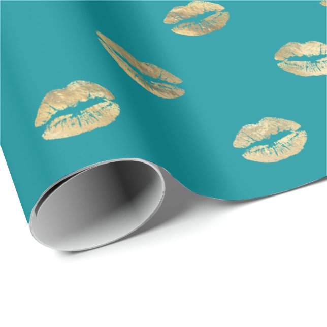 Girly Teal Gold Kiss Lips Pattern Wrapping Paper (Roll Corner)