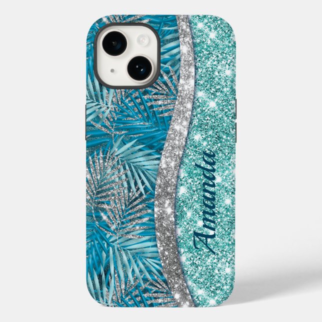 Girly teal green silver glitter leaves monogram Case-Mate iPhone case (Back)