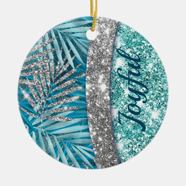 Girly teal green silver glitter leaves monogram ceramic ornament (Front)