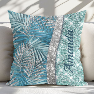 Girly teal green silver glitter leaves Monogram Cushion