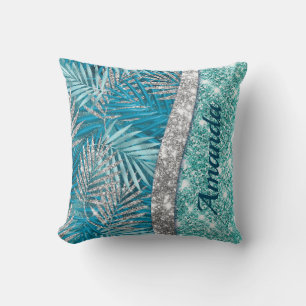 Girly teal green silver glitter leaves Monogram Cushion