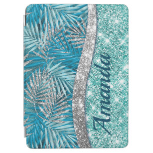 Girly teal green silver glitter leaves monogram iPad air cover