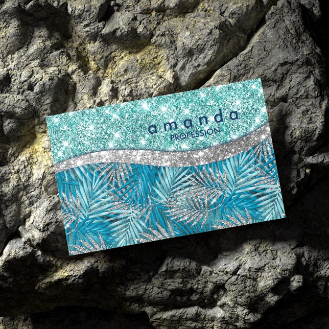 Girly teal green silver glitter leaves monogram 	Magnetic business card (Creator Uploaded)